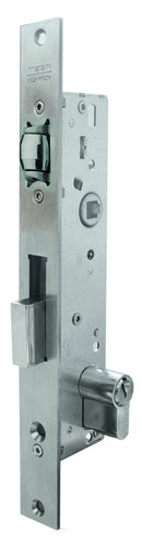 Cerradura de embutir para Perfil Angosto Mod 2216C Cerrojo+Rodillo Sin Cilindro Acabado Acero Inox