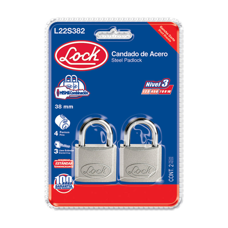 JUEGO DE 2 CANDADOS DE ACERO CORTOS 38 MM, LLAVE ESTÁNDAR LOCK